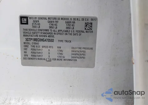 2017 GMC Sierra 1500 Sle из США, поврежденный, VIN 3GTP1MEC8HG470502